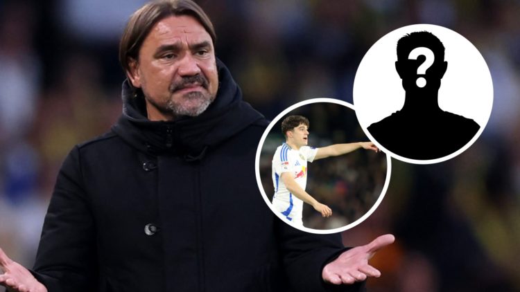 Leeds United manager Daniel Farke holds his hands up. Inset, Dan James in action for Leeds.