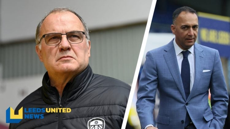 Split image of Leeds United manager Marcelo Bielsa before a match, and Leeds United chairman Paraag Marathe walking at Elland Road.
