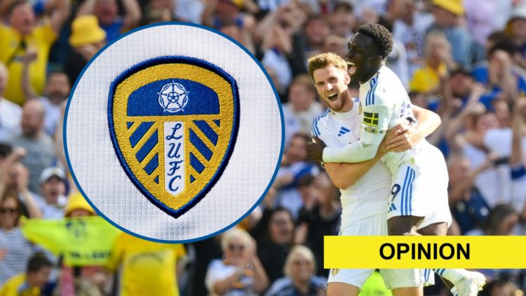 Willy Gnonto jumps on Anton Stach after he scored his goal for Leeds vs AC Milan. Inset: Leeds United badge.