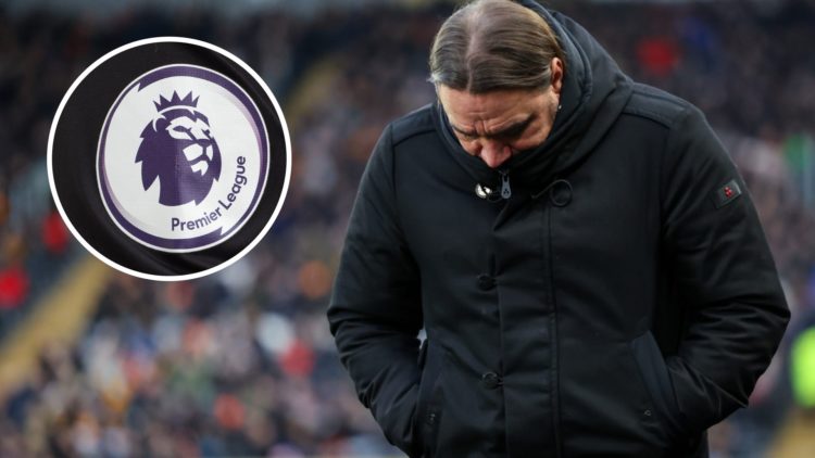 Leeds United manager Daniel Farke looks down. Inset, Premier League logo.
