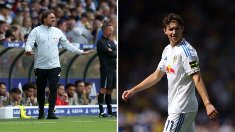 Daniel Farke and Brenden Aaronson during Leeds' draw with Villarreal.