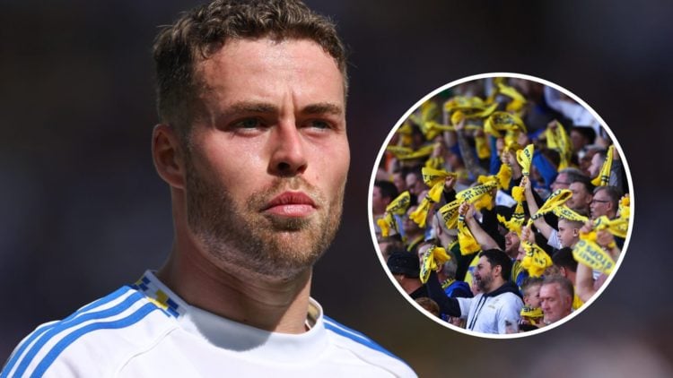 Leeds united player Gabriel Gudmundsson with Leeds fans inset
