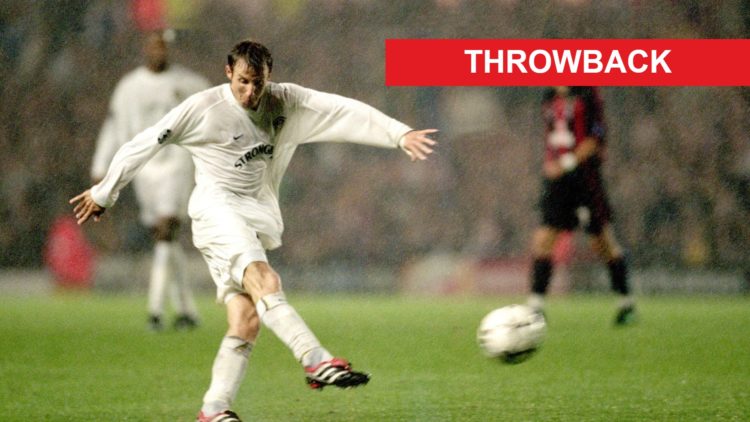 Lee Bowyer shoots for Leeds United against AC Milan with a throwback overlay