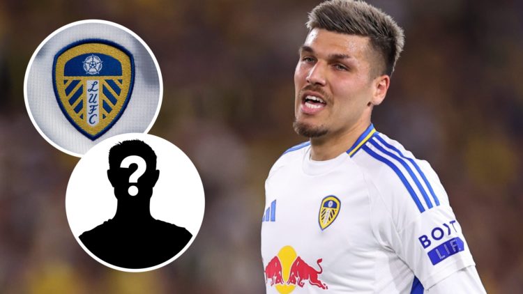 Leeds United striker Joel Piroe in action. Inset, Leeds badge. Inset, LUN mystery player.
