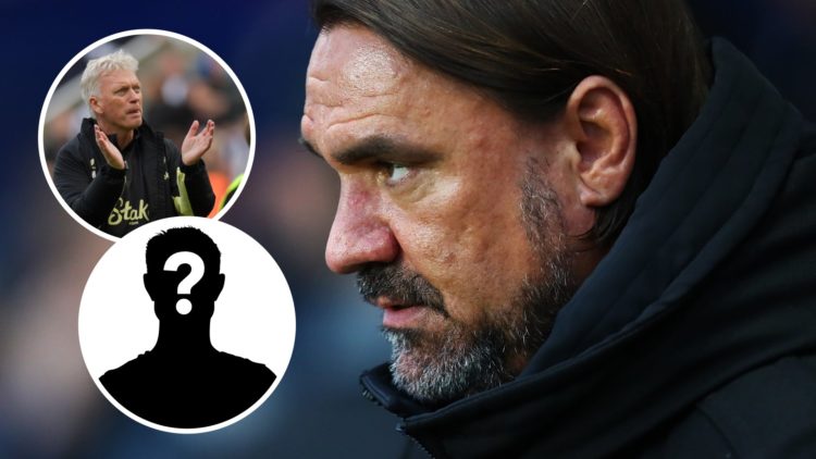 Leeds United manager Daniel Farke looking on. Inset, Everton boss David Moyes applauding fans.