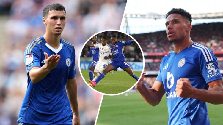 Leicester City trio Bilal El Khannouss (left), James Justin (right) and Abdul Fatawu with Leeds United's Crysencio Summerville (centre)