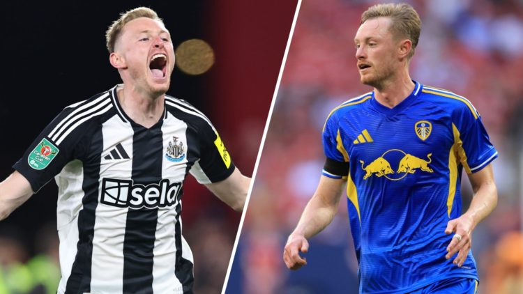 Split image of Sean Longstaff celebrating for Newcastle United. Inset, Longstaff in action for Leeds United.