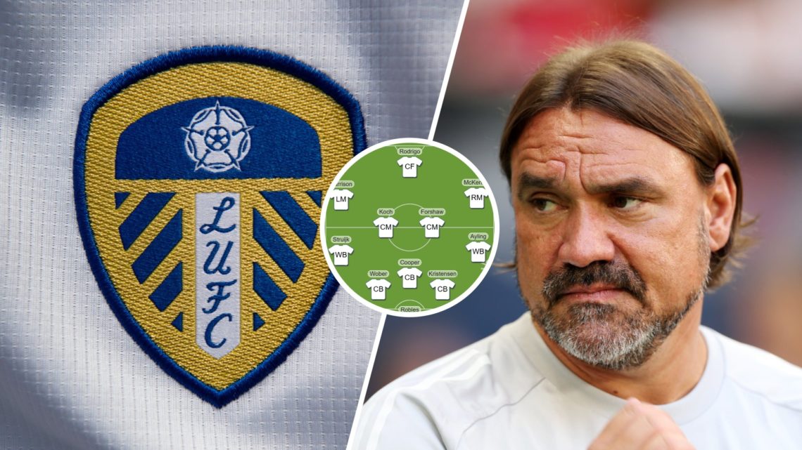 Leeds United crest (left) and Daniel Farke (right) with mystery lineup inset