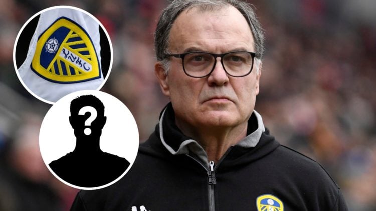 Former Leeds United manager Marcelo Bielsa looks on. Inset, Leeds United badge. Inset, LUN mystery player.