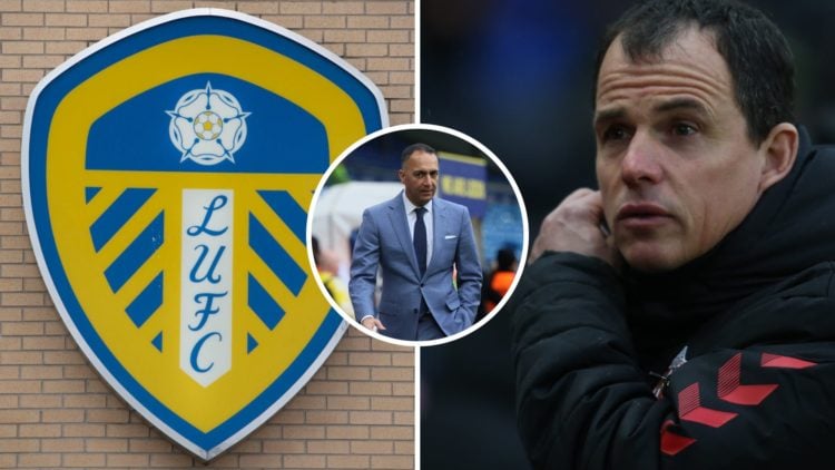 Split image of Leeds United badge and Sunderland boss Regis Le Bris. Inset, Leeds owner Paraag Marathe.