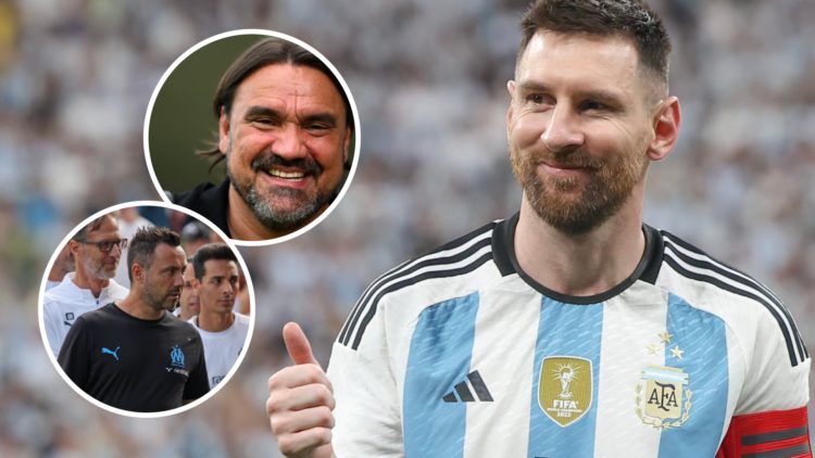 Lionel Messi whilst playing for Argentina. Inset, Leeds United boss Daniel Farke. Inset, Marseille's Roberto De Zerbi looks on.