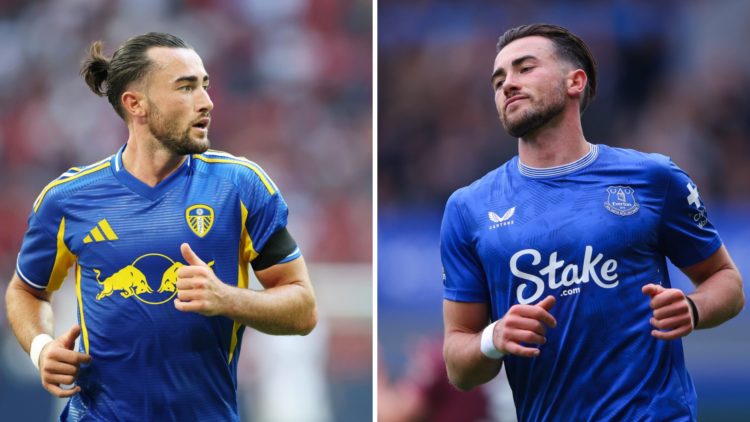 Jack Harrison in action for Leeds in pre-season, and for Everton during 2024-25.