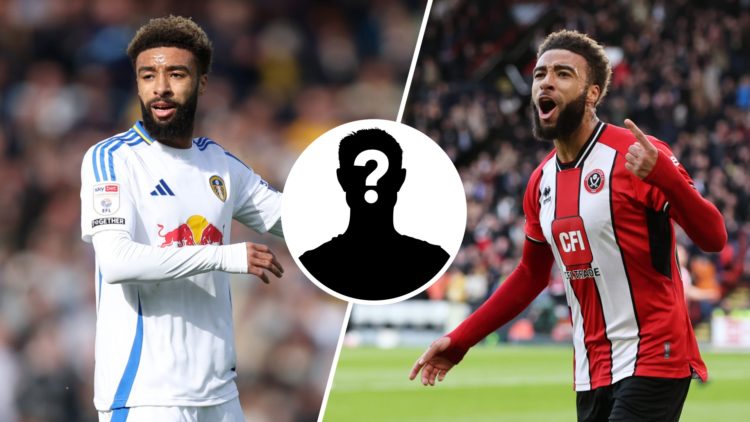 Jayden Bogle in Leeds United colours (left) and Bogle for Sheffield United (right) with a mystery player inset