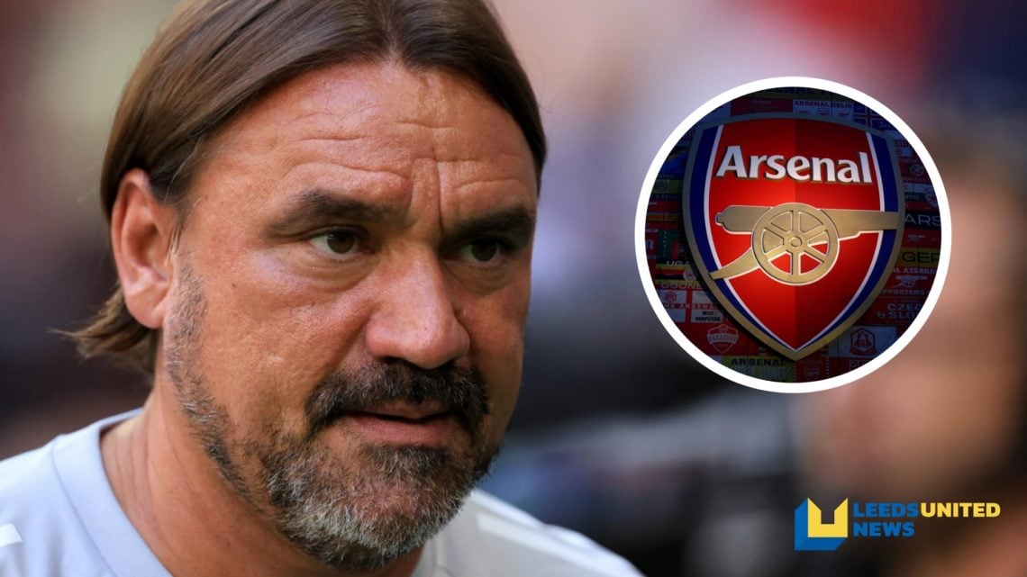 Leeds United manager Daniel Farke during a friendly game. Inset a picture of the official club badge of Arsenal FC.