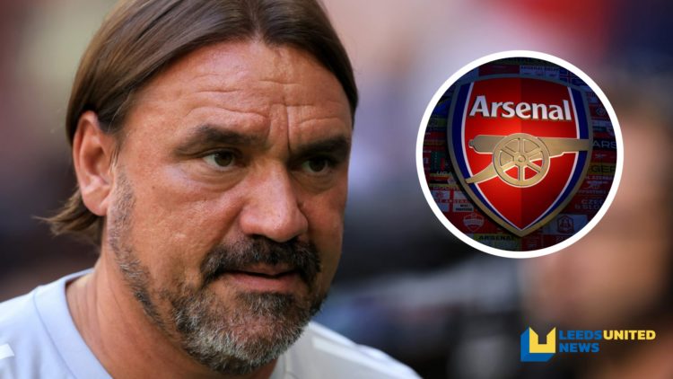Leeds United manager Daniel Farke during a friendly game. Inset a picture of the official club badge of Arsenal FC.