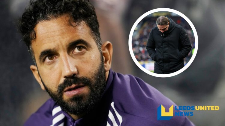 Manchester United manager Ruben Amorim looks on. Inset a picture of Leeds United manager Daniel Farke.