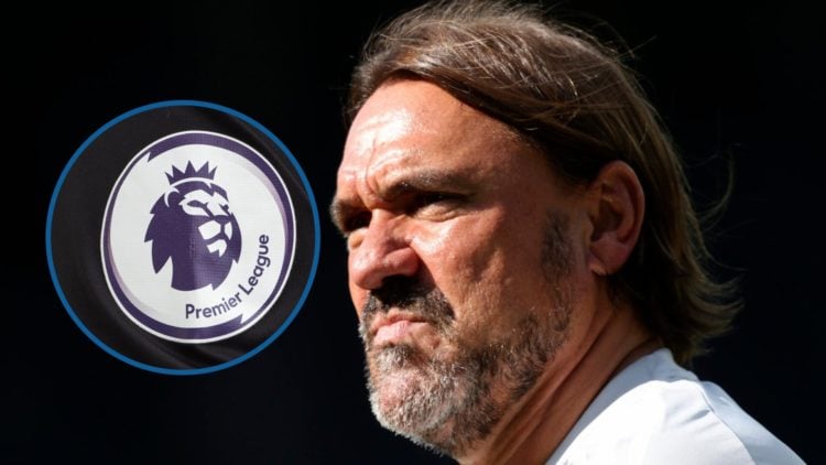Close up image of Leeds United manager Daniel Farke. Inset: Premier League logo.