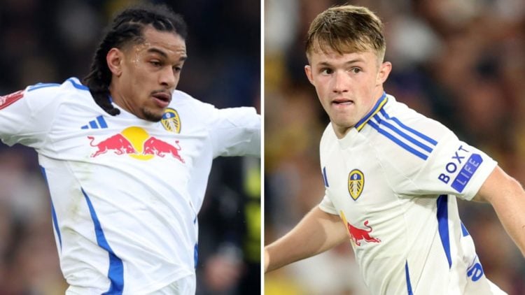 Isaac Schmidt playing for Leeds United. Joe Gelhardt playing for Leeds United.
