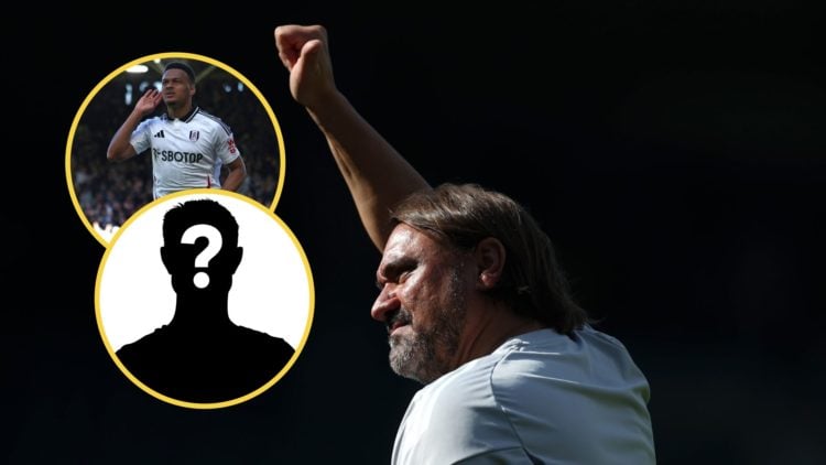 Daniel Farke raises his hand and gives a thumbs up gesture. Inset: Rodrigo Muniz cups his hand to his ear. Mystery figure.