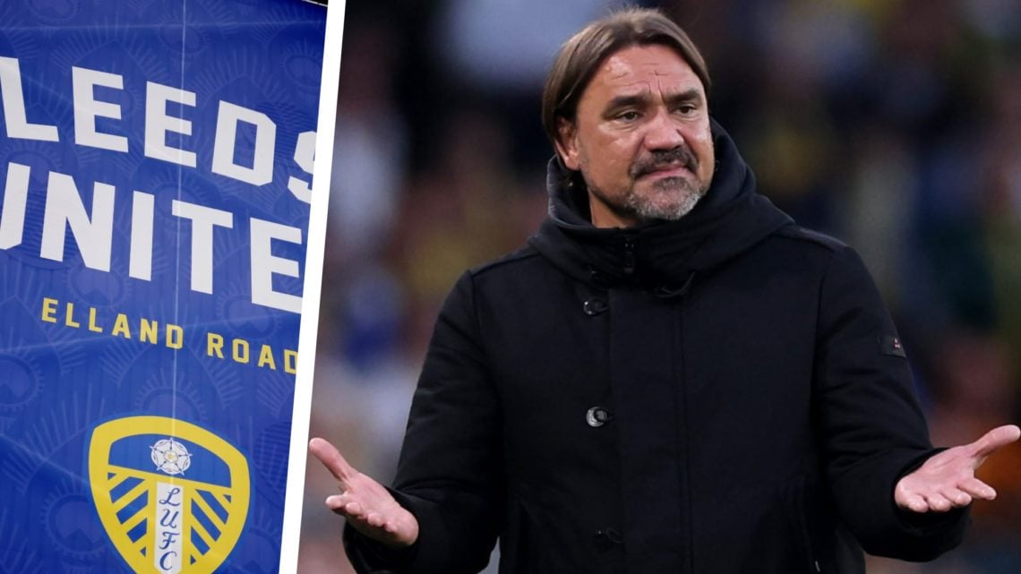Split image of Leeds United's Elland Road stadium and Leeds United manager Daniel Farke shrugging his shoulders.
