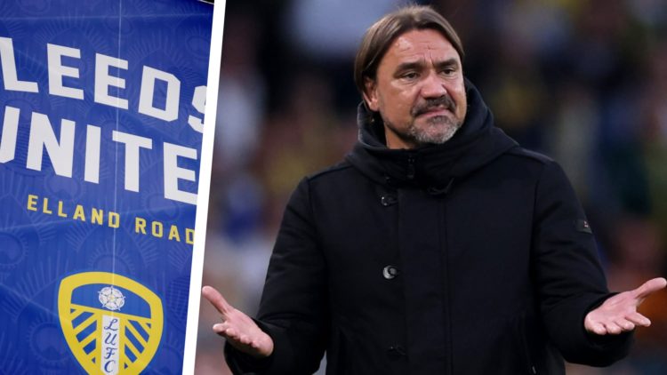 Split image of Leeds United's Elland Road stadium and Leeds United manager Daniel Farke shrugging his shoulders.