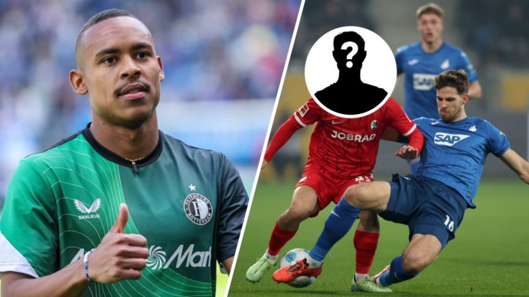 Feyenoord's Igor Paixao (left) with Ritsu Doan of Freiburg and Anton Stach of Hoffenheim (right)
