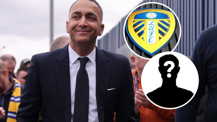 Leeds United owner Paraag Marathe walking outside Elland Road. Inset, Leeds badge.