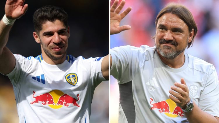 Manor Solomon playing for Leeds, Daniel Farke managing Leeds United.