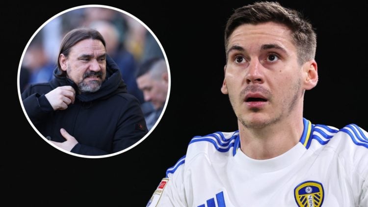 Max Wober looking on for Leeds United. Inset, Daniel Farke ahead of Leeds United match.