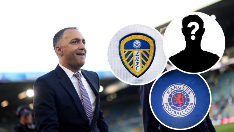 Leeds United chairman Paraag Marathe (left) with Leeds and Rangers crests (right) and mystery player inset