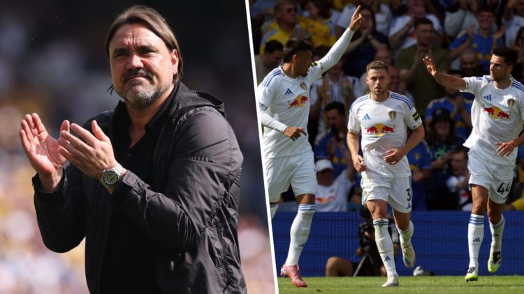 Daniel Farke Leeds manager. Leeds players celebrating a goal.