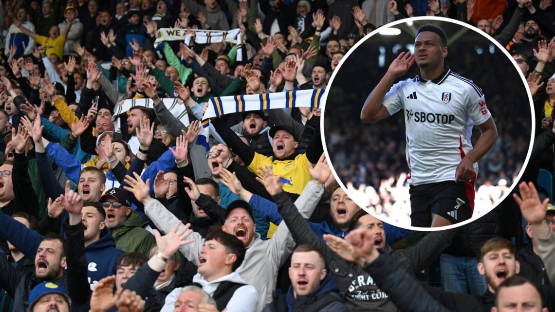 Leeds United fans chanting before game. Inset, Rodrigo Muniz celebrates for Fulham.