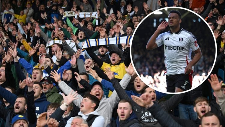 Leeds United fans chanting before game. Inset, Rodrigo Muniz celebrates for Fulham.