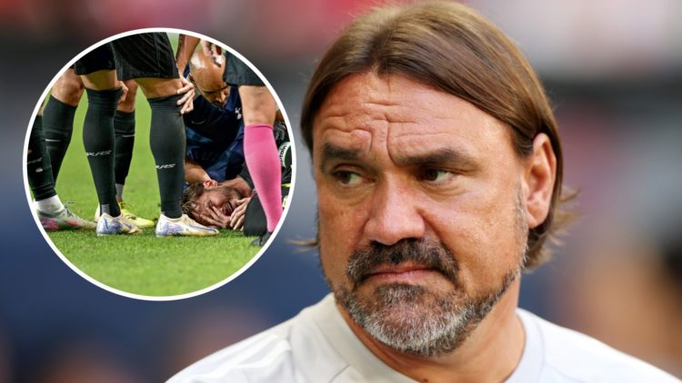 Close up image of Daniel Farke during a Leeds United game. Inset: James Maddison in pain after suffering an ACL injury.