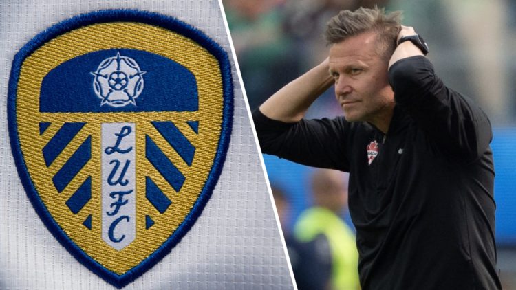 Leeds United badge on kit. Inset, former Leeds manager Jesse Marsch with hands on head watching Canada.