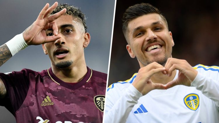 Raphinha and Joel Piroe playing for Leeds.