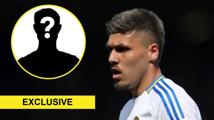 Close up image of Leeds United striker Joel Piroe. Inset: Mystery figure and exclusive banner.