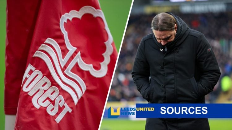 Leeds United manager Daniel Farke (right) with Nottingham Forest flag (left) and LUN sources banner