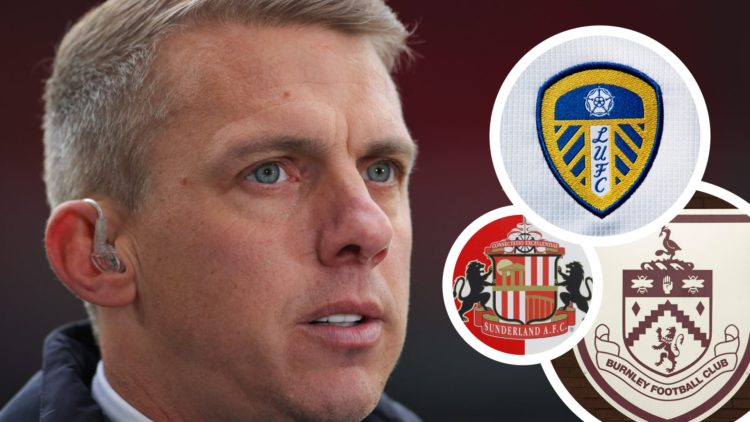 Pundit Stephen Warnock stands pitch side. Inset, pictures of the official club badges of Leeds United, Sunderland and Burnley