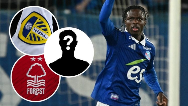 Dilane Bakwa celebrating for Strasbourg. Inset, Nottingham Forest badge. Inset, Leeds United badge.