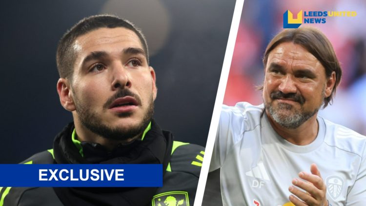 Split image of Aston Villa player Emi Buendia before a match, and Leeds United manager Daniel Farke waving at the fans.