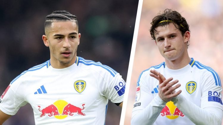 Split image of Leeds United players Mateo Joseph and Brenden Aaronson playing in the Championship.