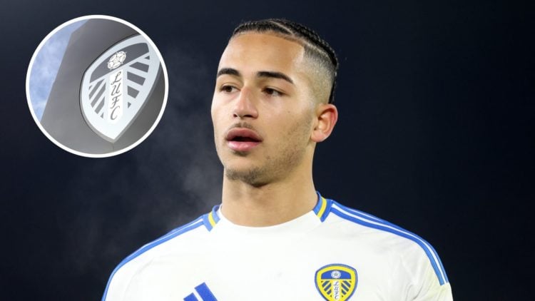 Leeds United striker Mateo Joseph looks on. Inset, Leeds badge on the side of Elland Road.