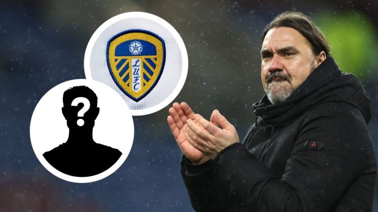 Leeds United manager Daniel Farke applauds the fans. Inset a picture of a mystery player and the official club badge of Leeds United.