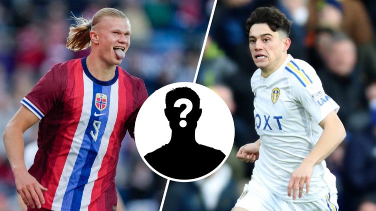 Split image of Erling Haaland and Leeds United player Dan James with the mystery player overlay
