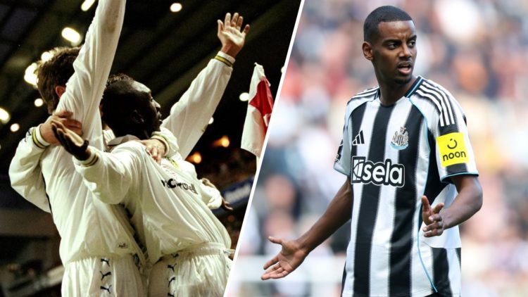 Split image of former Leeds United player Jimmy Floyd Hasselbaink and Newcastle United man Alexander Isak
