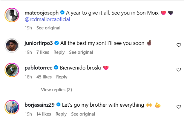Screenshot of Junior Firpo and Borja Sainz commenting on Mateo Joseph's Instagram.