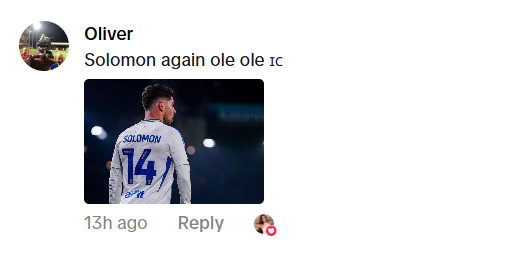 Screenshot of Manor Solomon's wife liking Leeds United fan's comment.