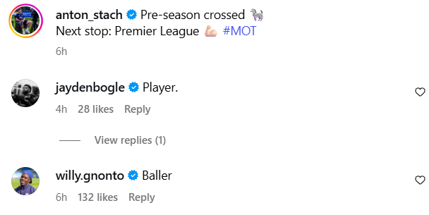 Screenshot of Willy Gnonto and Jayden Bogle commenting on Anton Stach's Instagram.