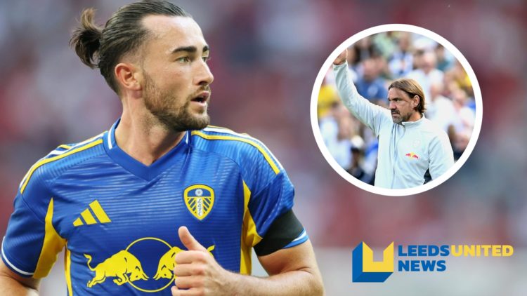 Leeds United player Jack Harrison in action against Villarreal. Inset a picture of Leeds United manager Daniel Farke with his thumb up.